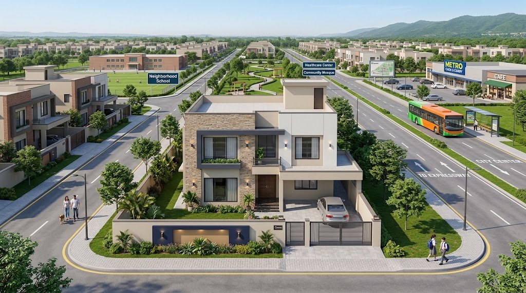 A residential neighborhood in Islamabad showing houses, streets, and community layout that buyers should evaluate before purchasing