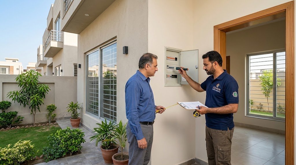Two people discussing property price negotiation over a table with documents and a calculator